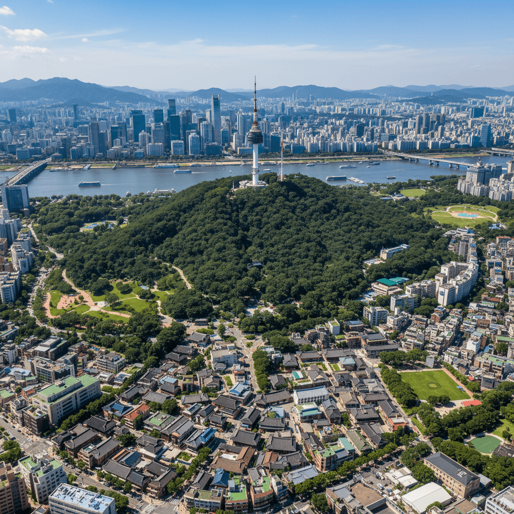 Seoul in bright daylight with modern skyscrapers and Han River