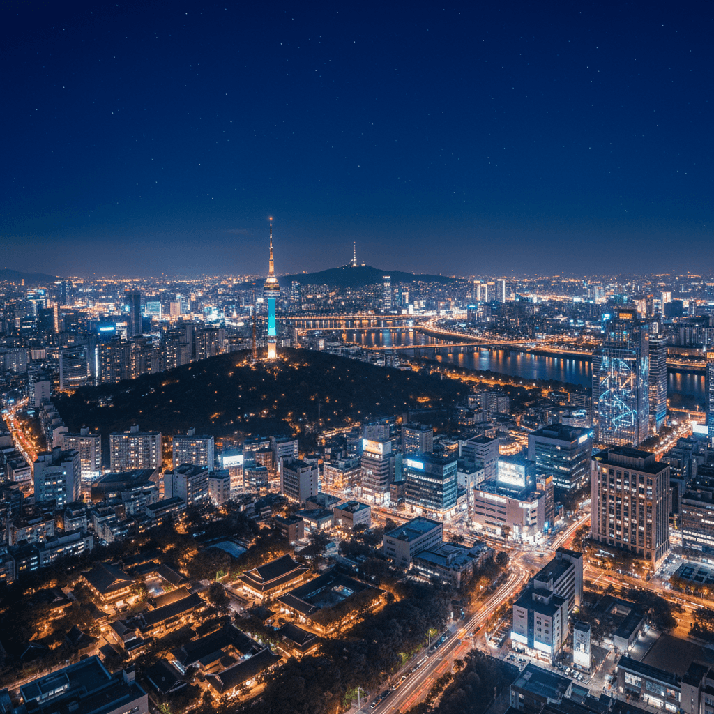 Seoul at night with illuminated tower and city lights