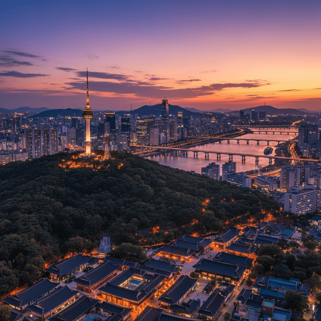 Seoul at twilight with N Seoul Tower and traditional hanok villages